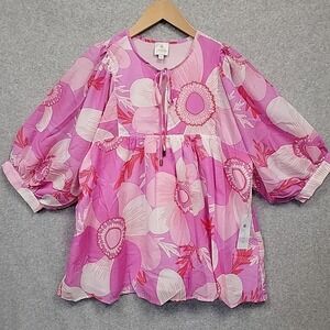 NWT J Marie Women Size M Blouse Puff Sleeves Pink Purple Floral Boho Retail $110